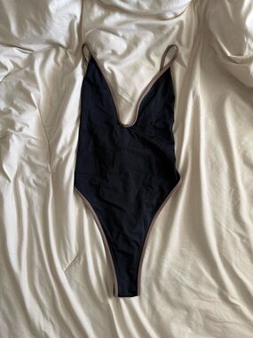 Black One-Piece Swimwear with Taupe Trim